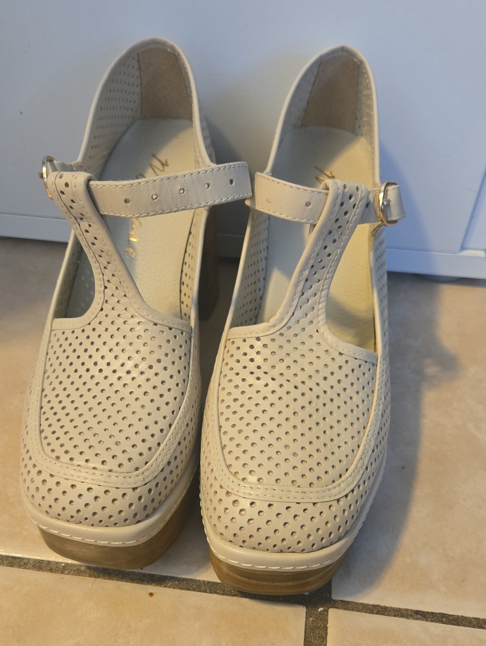Women’s Cream Perforated T-Strap Clog Mules